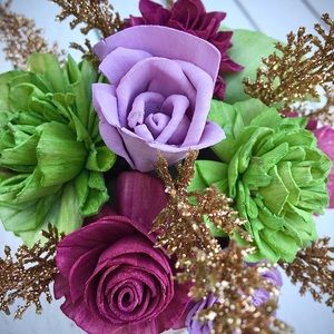 Sola Wood Flower Green Purple Gold Glitter Teacup Shaped Arrangement